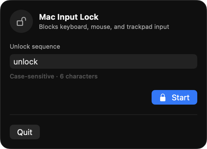 Mac Input Lock menu with an unlock sequence field and Start button